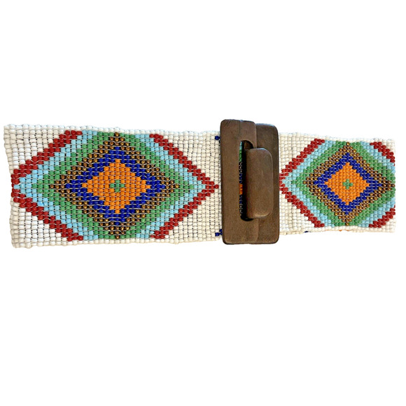 Aztec Beaded 30"x4" Wide Belt Seed Beads Western Native Stretch Wood Clasps - Picture 7 of 8